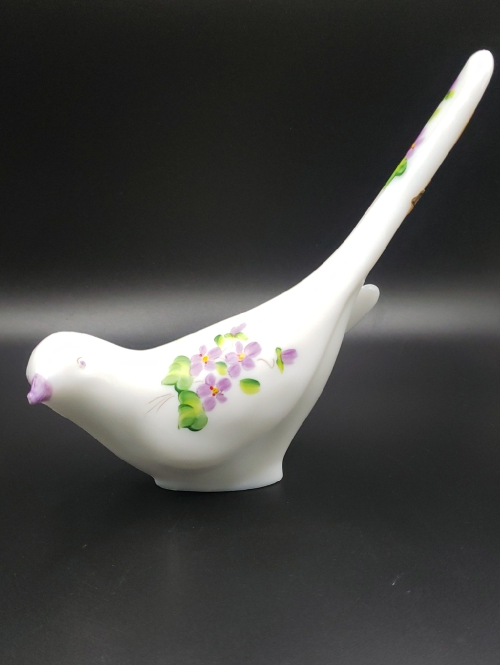 Fenton Violets in the Snow Long Tail Bird Milk Glass Figurine